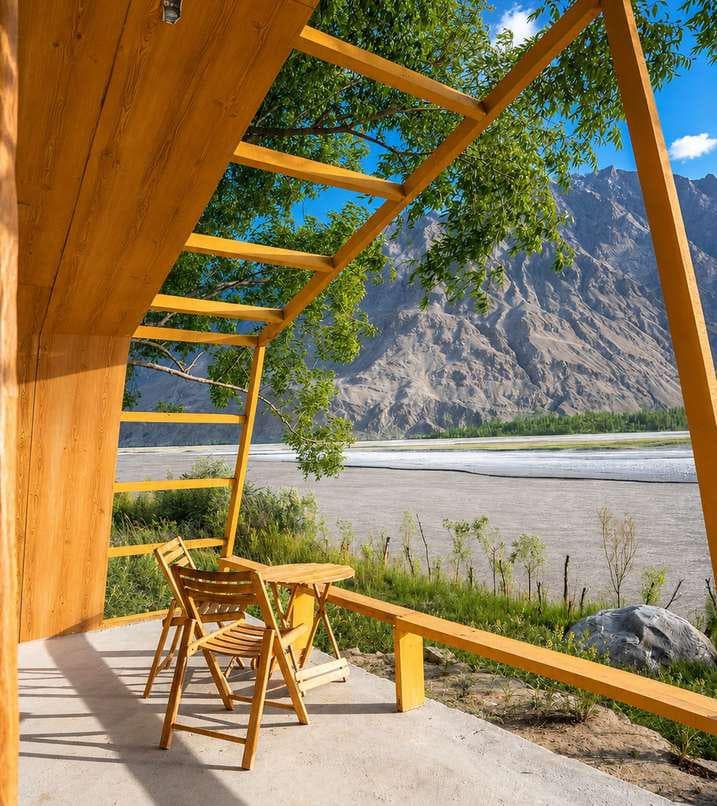 Riverside hut deck facing the Shigar River